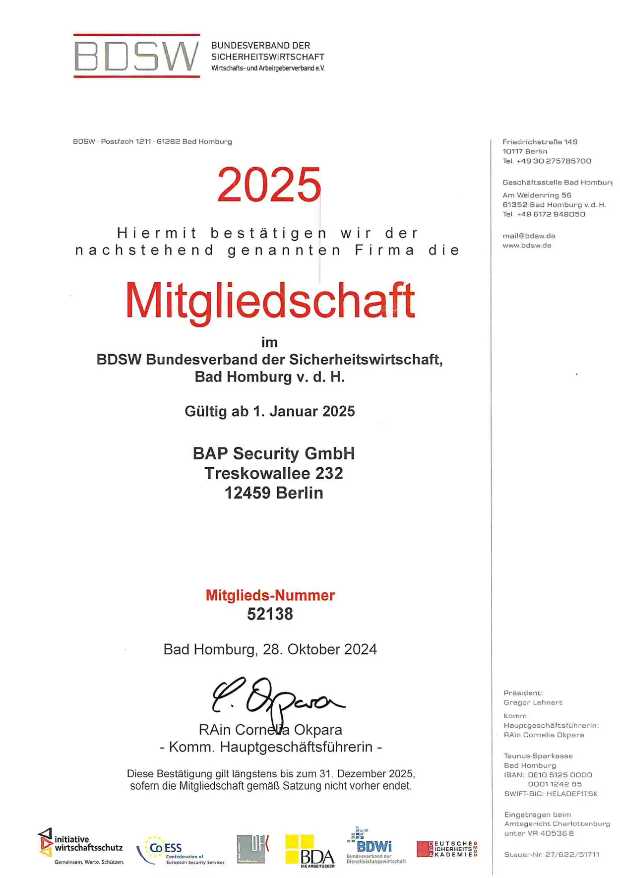 BDSW Mitgliedschaft 2025